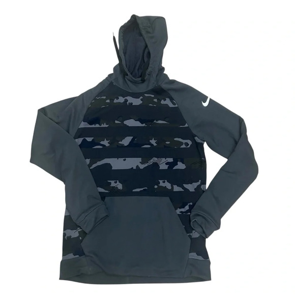 NIKE Dri Fit Men's Medium Gray Camo Pullover Hooded Athletic Hoodie Sweater - Picture 2 of 5